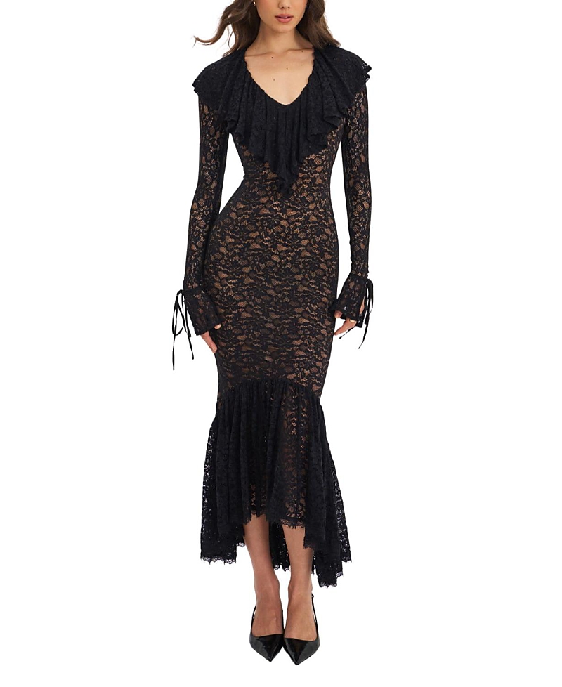 Miss Circle Parisa Lace Ruffled Mermaid Maxi Dress In Black