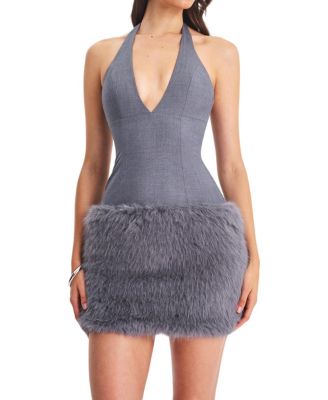 Daisy Drop Waist Fur Trim Halter Mini Dress