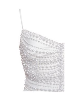  Karmen Faux Pearl Top Pencil Slip Gown with Scarf