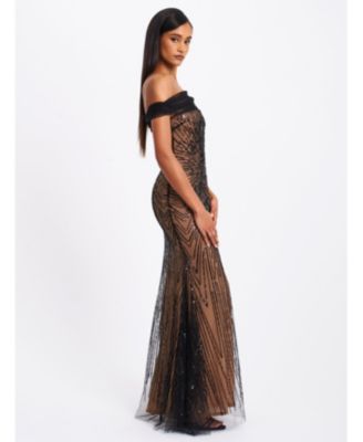 Qeturah Embroidered Sequin Off Shoulder Mesh Gown