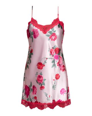 Stretch Satin Rose Print Lace Chemise