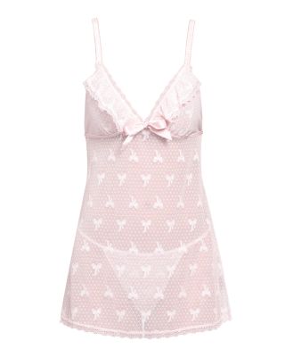 Stretch Mesh Bow Pattern Babydoll &amp; Thong