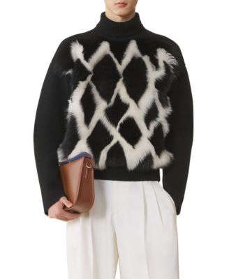  Wool and Leather Intarsia Turtleneck Sweater