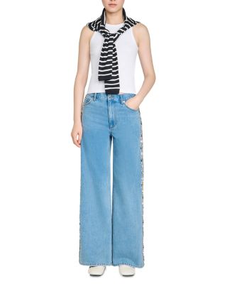 Calix Rhinestone Trim High Rise Wide Leg Jeans in Blue Jean