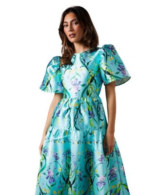  Twill Puff Sleeve Printed Midi Dress