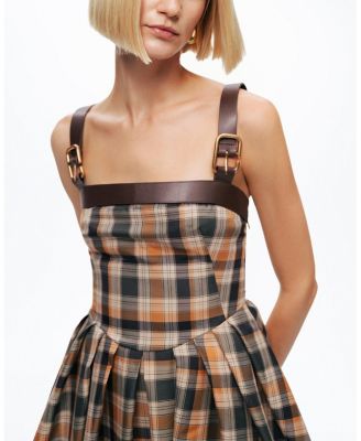  Plaid Pleated Maxi Dress with Faux Leather Belt