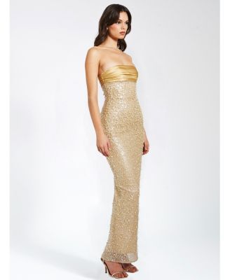  Lainey Satin Sequin Beaded Maxi Dress