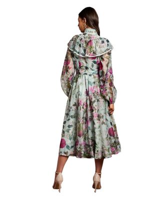 Long Sleeve Printed Organza Shirt Dress