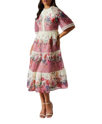 Organza Floral Tiered Lace Trim Dress