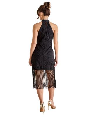 Broderie Embellished Fringe Halter Dress