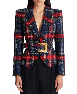 Belted Plaid Tweed Jacket