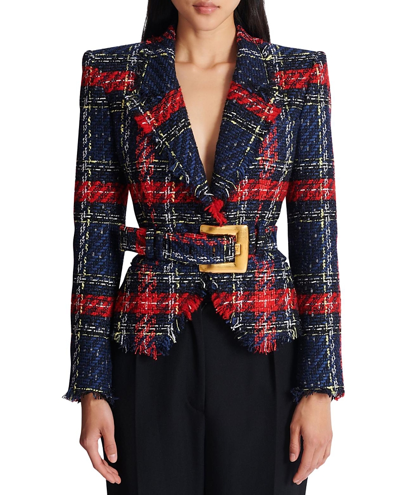 Balmain Belted Plaid Tweed Jacket