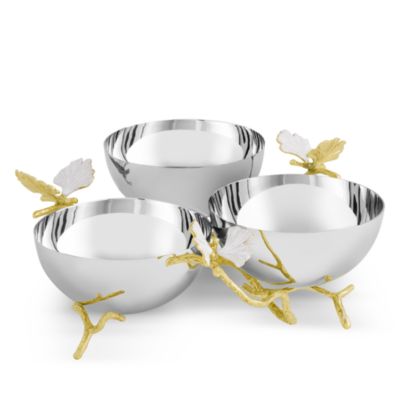 Butterfly Gingko Gold Tone Triple Bowl