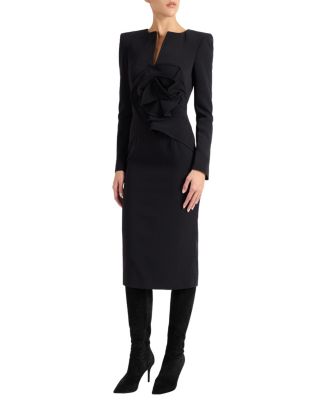 Maya Long Sleeve Midi Dress with Dramatic Floral Applique in Stretch Crepe