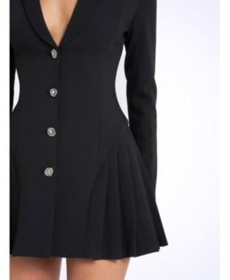 Ria Blazer Mini Dress with Crystal Button and Pleated Detail