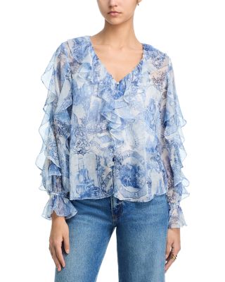 Seashell Toile Ruffle Long Sleeve Top with Built in Camisole - Exclusive