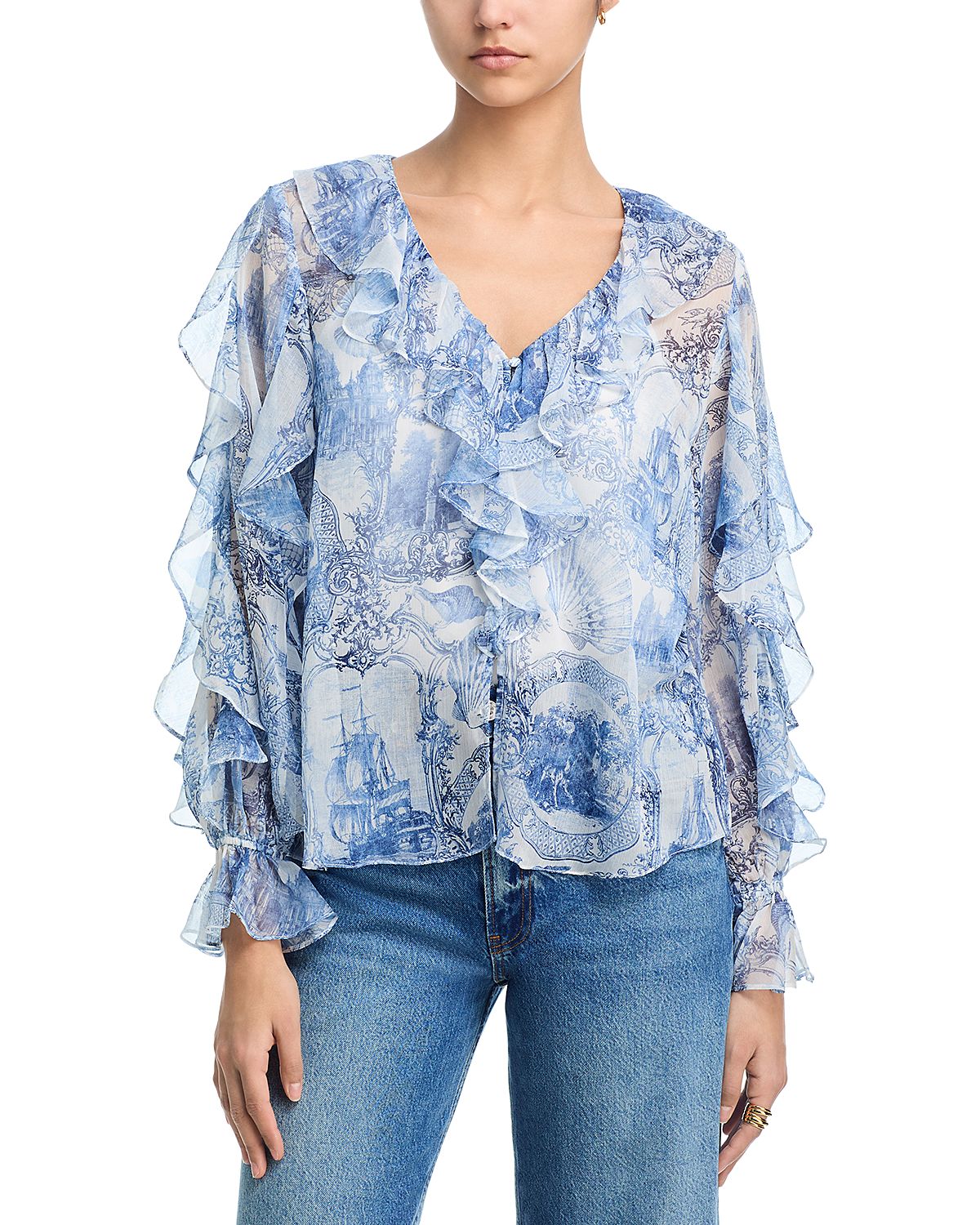 Aqua Seashell Toile Ruffle Long Sleeve Top with Built