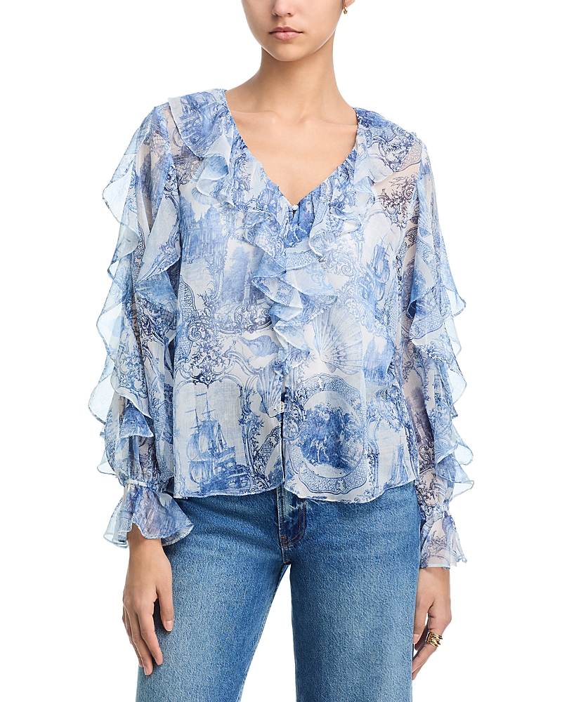Aqua Seashell Toile Ruffle Long Sleeve Top with Built in Camisole - Exclusive
