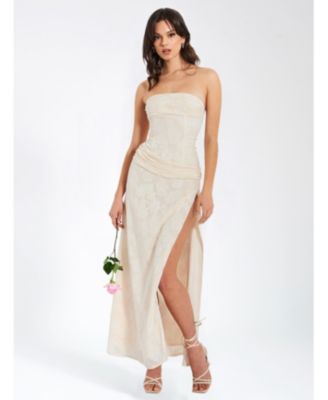 Xatia Strapless Jacquard High Slit Maxi Dress
