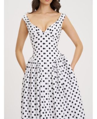 Rahma Polka Dot Drop Waist Midi Cotton Poplin Dress