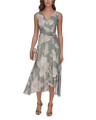 Sleeveless Wrap-Effect V-Neck Floral Midi Dress