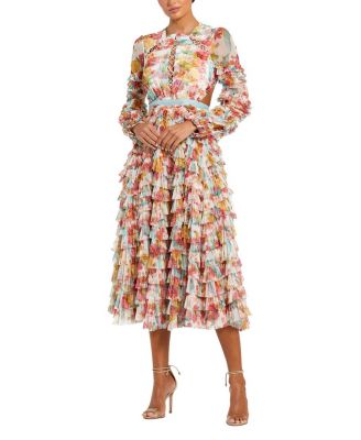  Long Sleeve Tiered Ruffle Cutout Criss Cross Dress