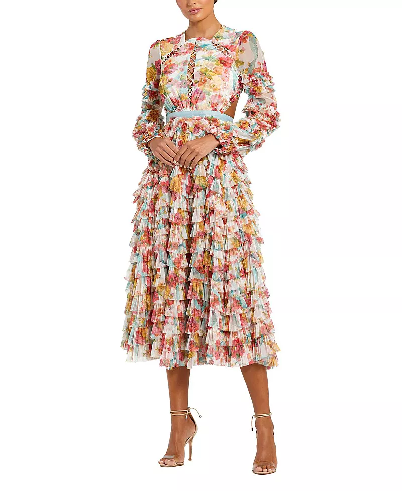Mac Duggal Long Sleeve Tiered Ruffle Cutout Criss Cross Dress