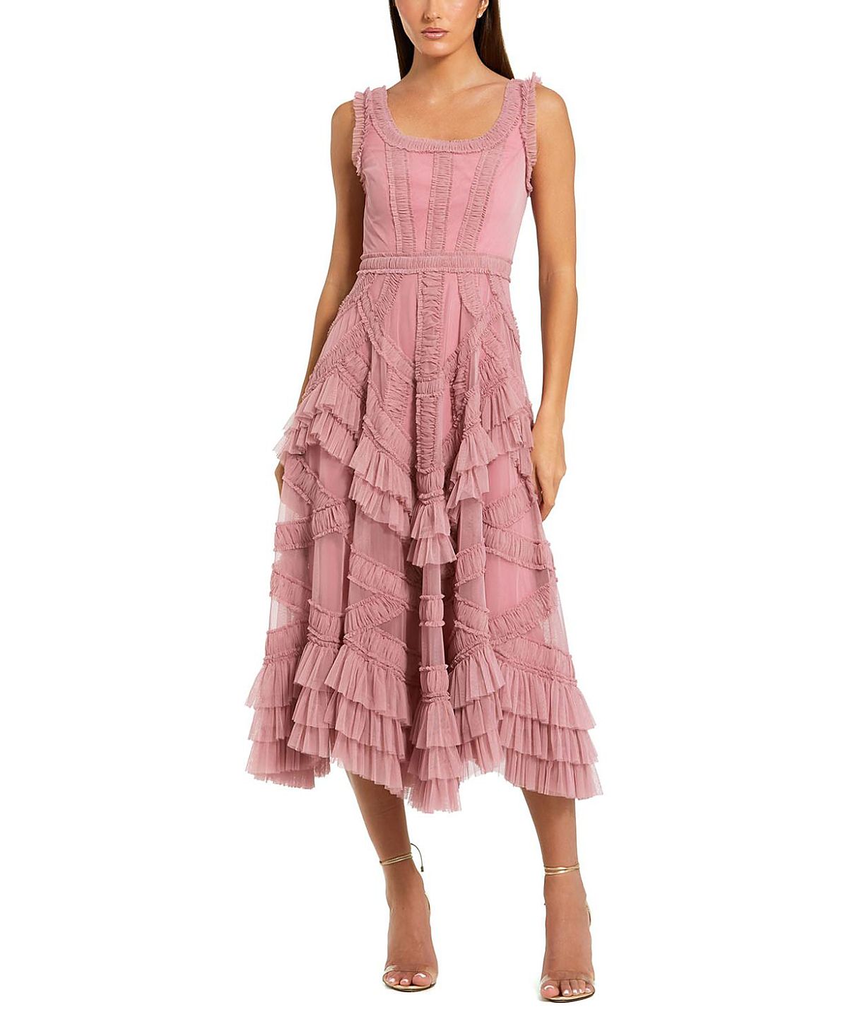 Mac Duggal Scoop Neck Sleeveless Mesh Micro Ruffle Midi Dress