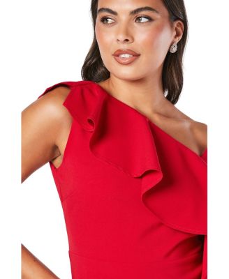 One Shoulder Ruffle Crepe Midi Dress