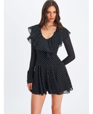 Omari Chiffon Polka Dot Ruffled Neckline Mini Dress