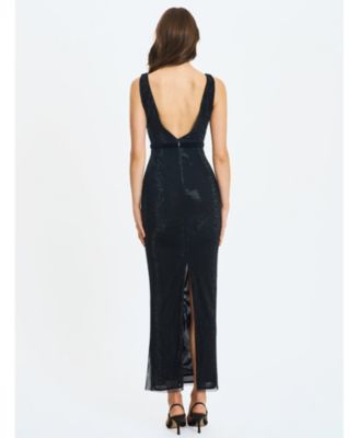  Olympia Belted Bow Plunging Rhinestone Maxi Dress