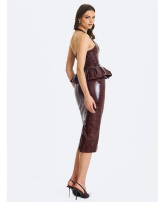  Jaslene Peplum Faux Leather Halter Midi Dress