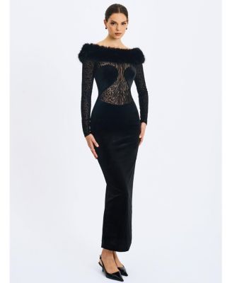  Alexis Animal Print Fur Boatneck Maxi Dress