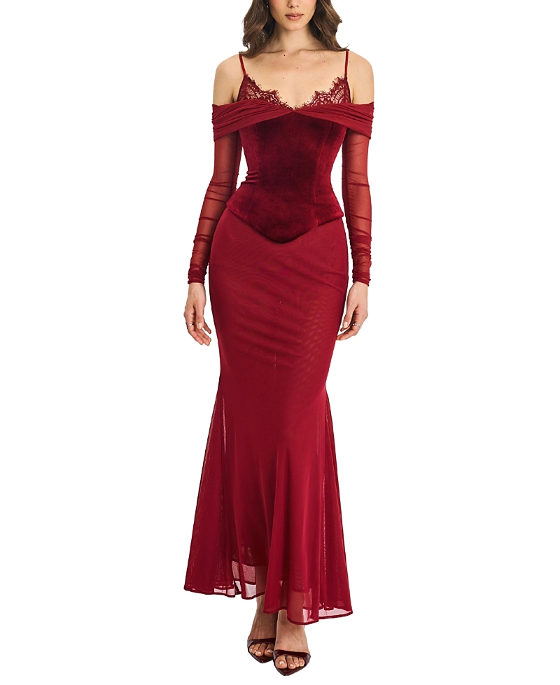 Miss Circle Maybelle Bardot Lace Strap Peplum Maxi Dress