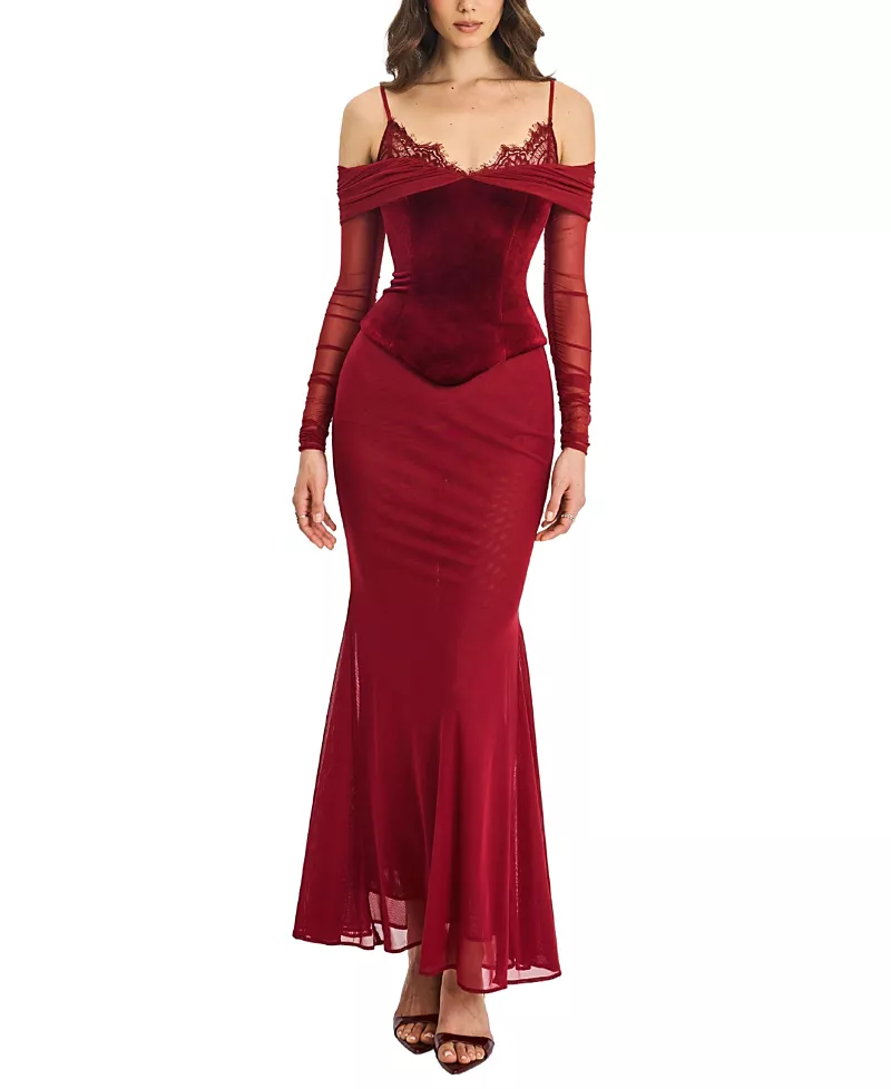 Miss Circle Maybelle Bardot Lace Strap Peplum Maxi Dress