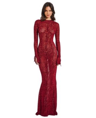  Waylynn Burnout Velvet Detail Mesh Backless Maxi Dress