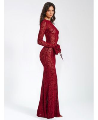  Waylynn Burnout Velvet Detail Mesh Backless Maxi Dress