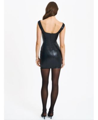  Quilia Faux Crocodile Leather Plunge Mini Dress