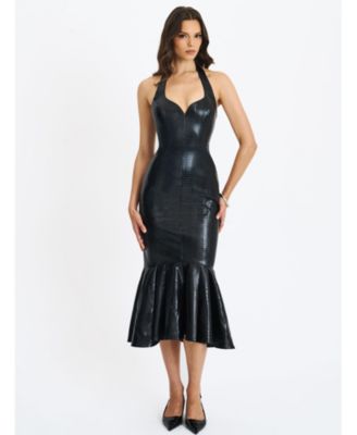  Gardenia Faux Leather Midi Sweetheart Halter Flared Dress