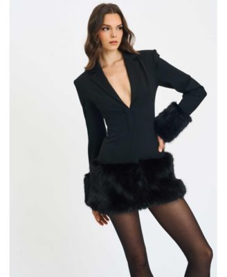  Wenona Fur Trimmed V-Neck Mini Blazer Dress