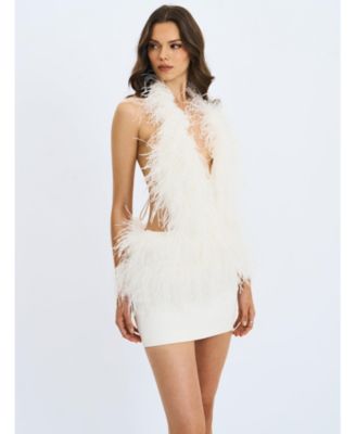  Quisten Feathered Plunging Halter Mini Dress