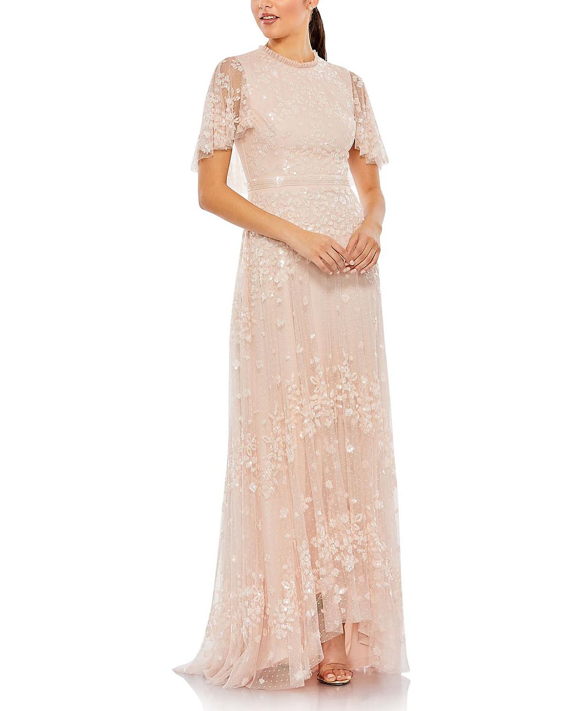 Mac Duggal Sequined High Neck Flutter Sleeve A Line Gown