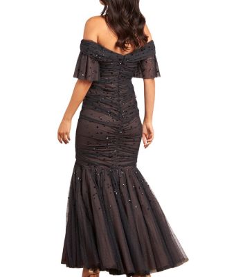 Dappled Sequin Rouched Off-Shoulder Gown