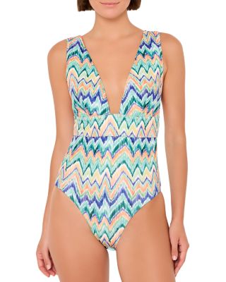 Tropical Chevron V Neck One Piece Swimsuit