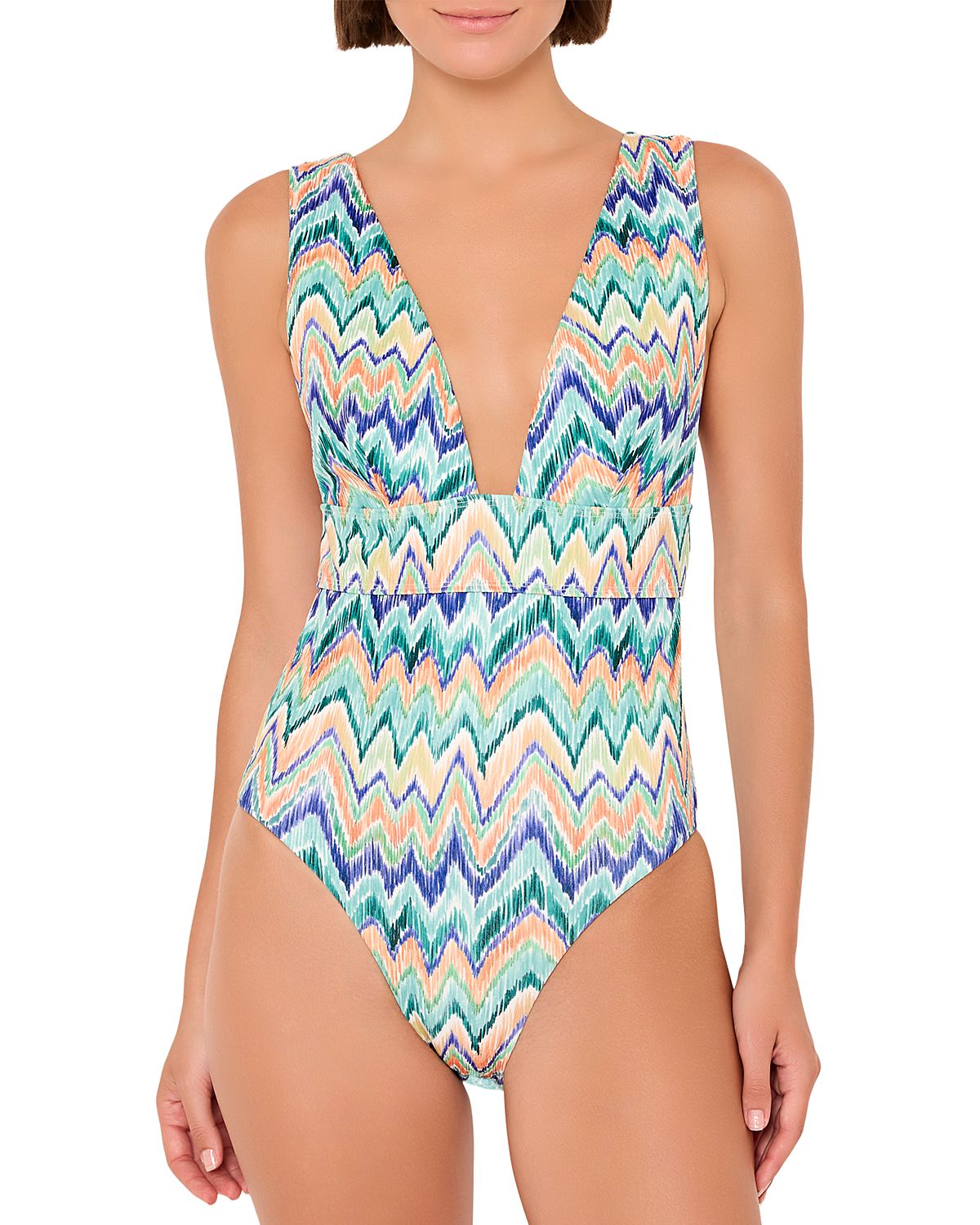 Milly Tropical Chevron V Neck One Piece Swimsuit