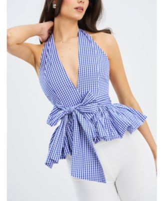  Ilene Checkered Bubble Hem Halter Top