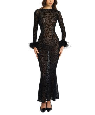  Patricia Feather Sleeve Trim Velvet Mesh Maxi Dress