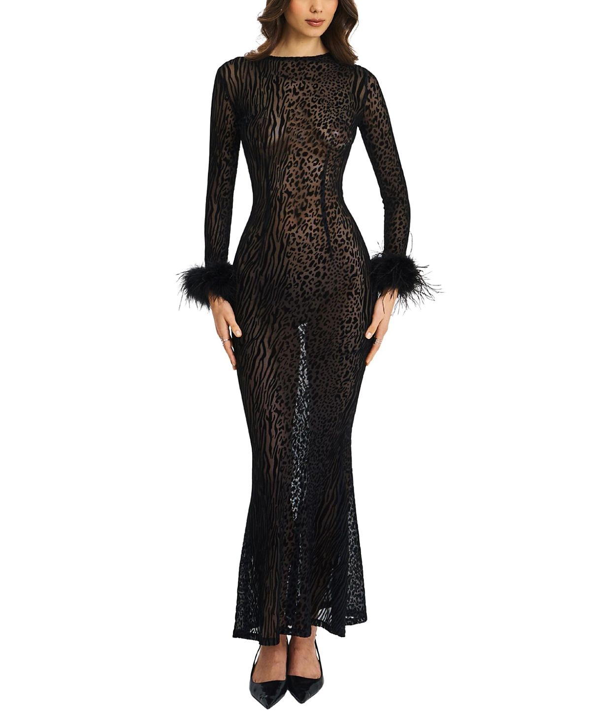 Miss Circle Patricia Feather Sleeve Trim Velvet Mesh Maxi Dress