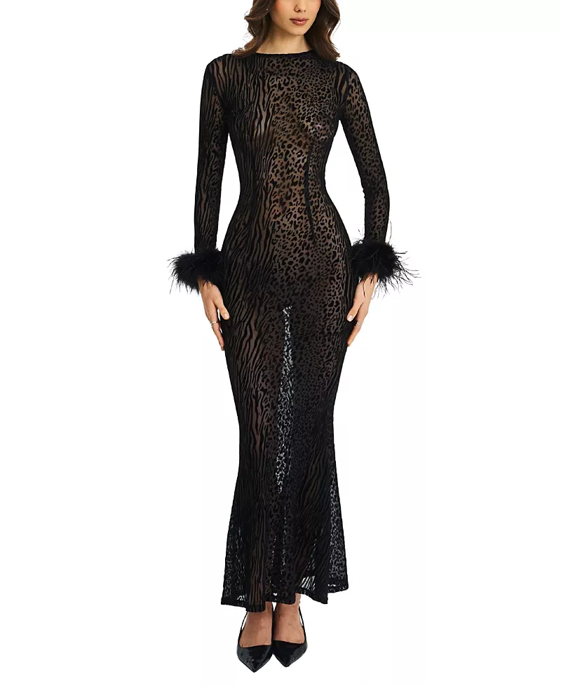 Miss Circle Patricia Feather Sleeve Trim Velvet Mesh Maxi Dress
