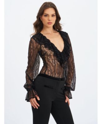  Taliah Sheer Lace Ruffled Collar Bodysuit